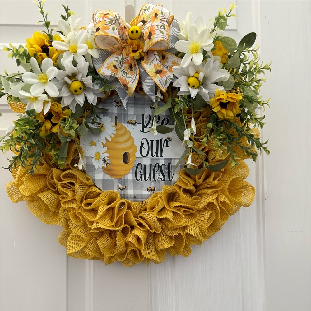 Handmade Yellow “Bee My Guest”, bees, and Burlap Ruffle Daisy Wreath